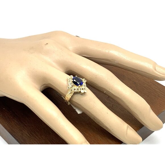 Blue Gemstone Diamond Cocktail Ring 14k Yellow Gold Estate Women's Size 7 - Picture 5 of 14